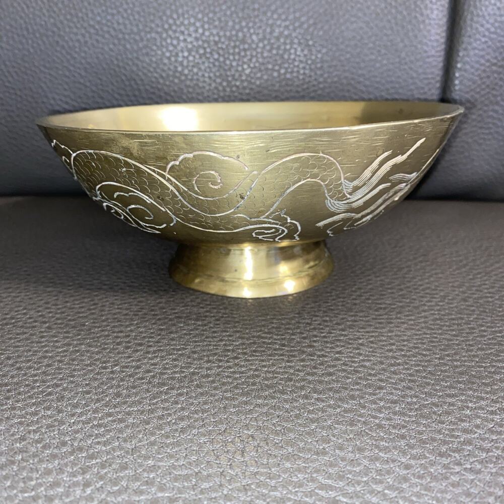 Antique Chinese Solid Brass Bowl - Hand Engraved Design With Dragons